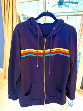 Navy Zip-Up Hoodie with Rainbow Chest Stripes